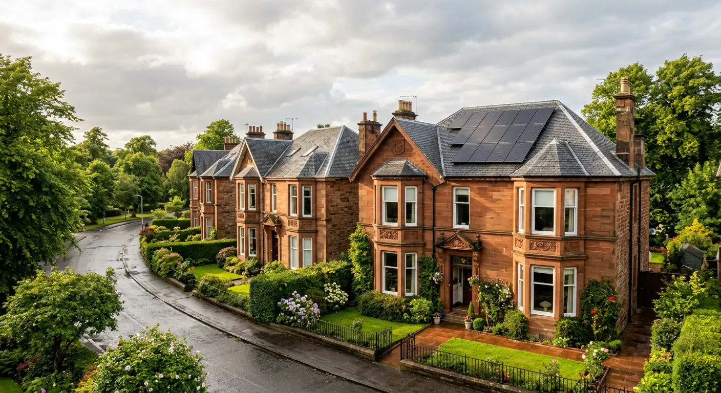Red sandstone villas with solar panels in a leafy Glasgow suburb