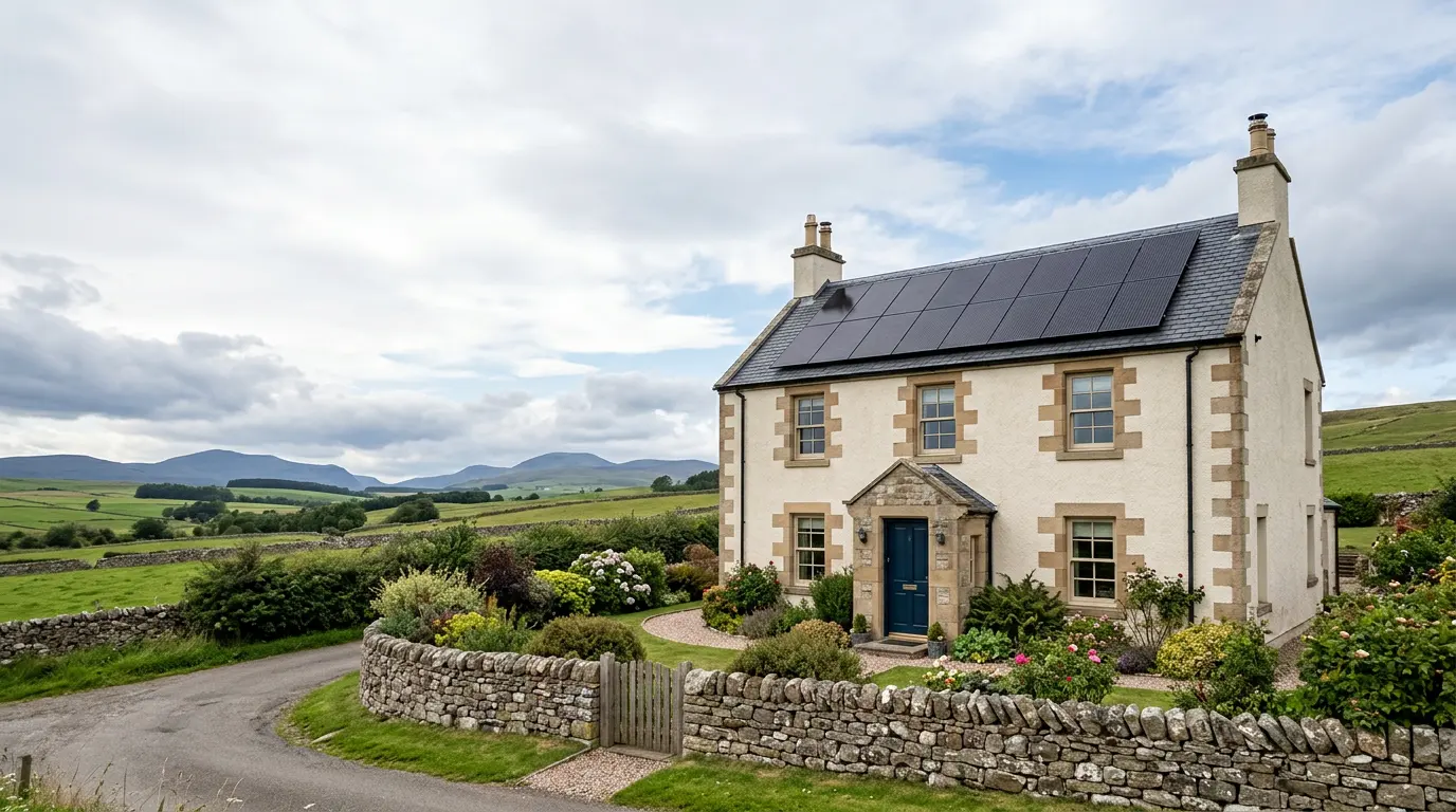 Traditional Scottish stone house with black solar panels on its slate roof
