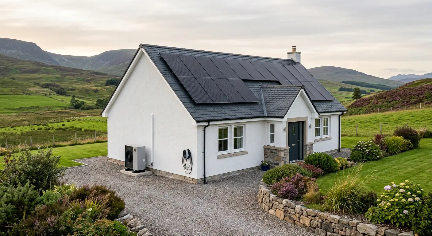 Modern Scottish home with solar panels, an air source heat pump and an EV charger