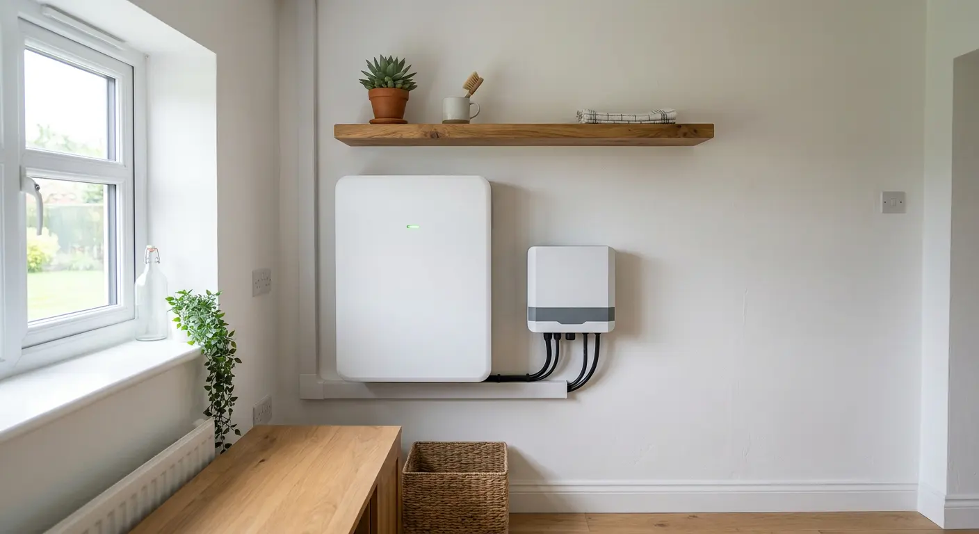 Wall-mounted home battery and inverter in a bright Scottish utility room