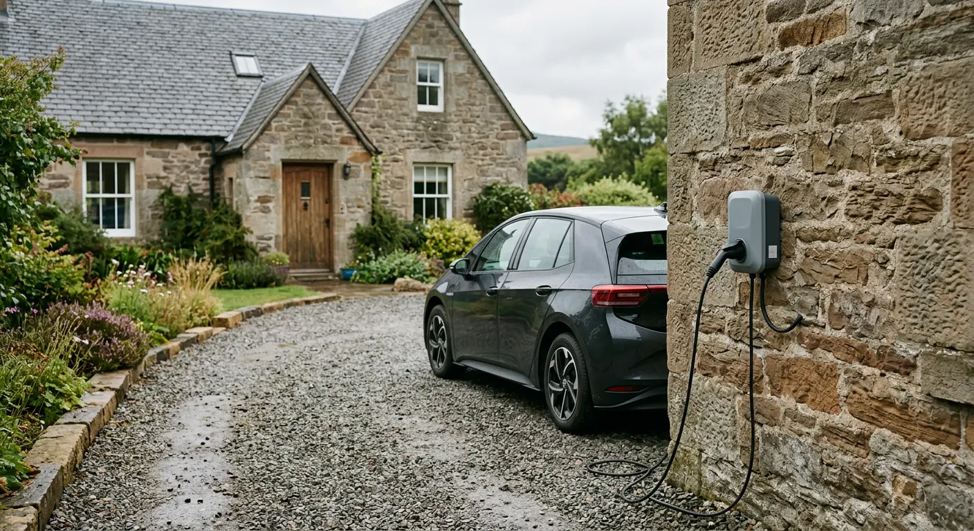 Home EV charger on a sandstone wall charging an electric car on a Scottish driveway