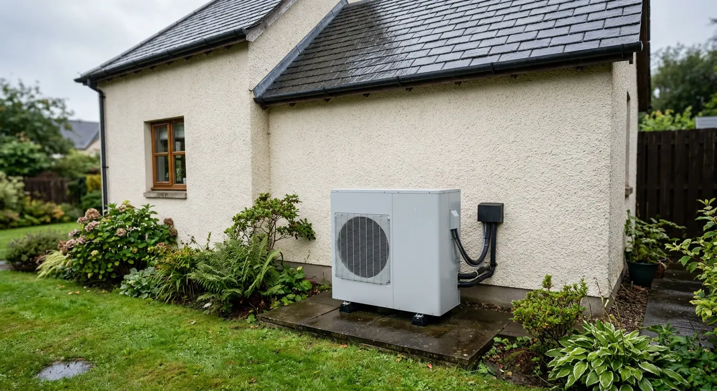 Air source heat pump beside the harled wall of a Scottish home