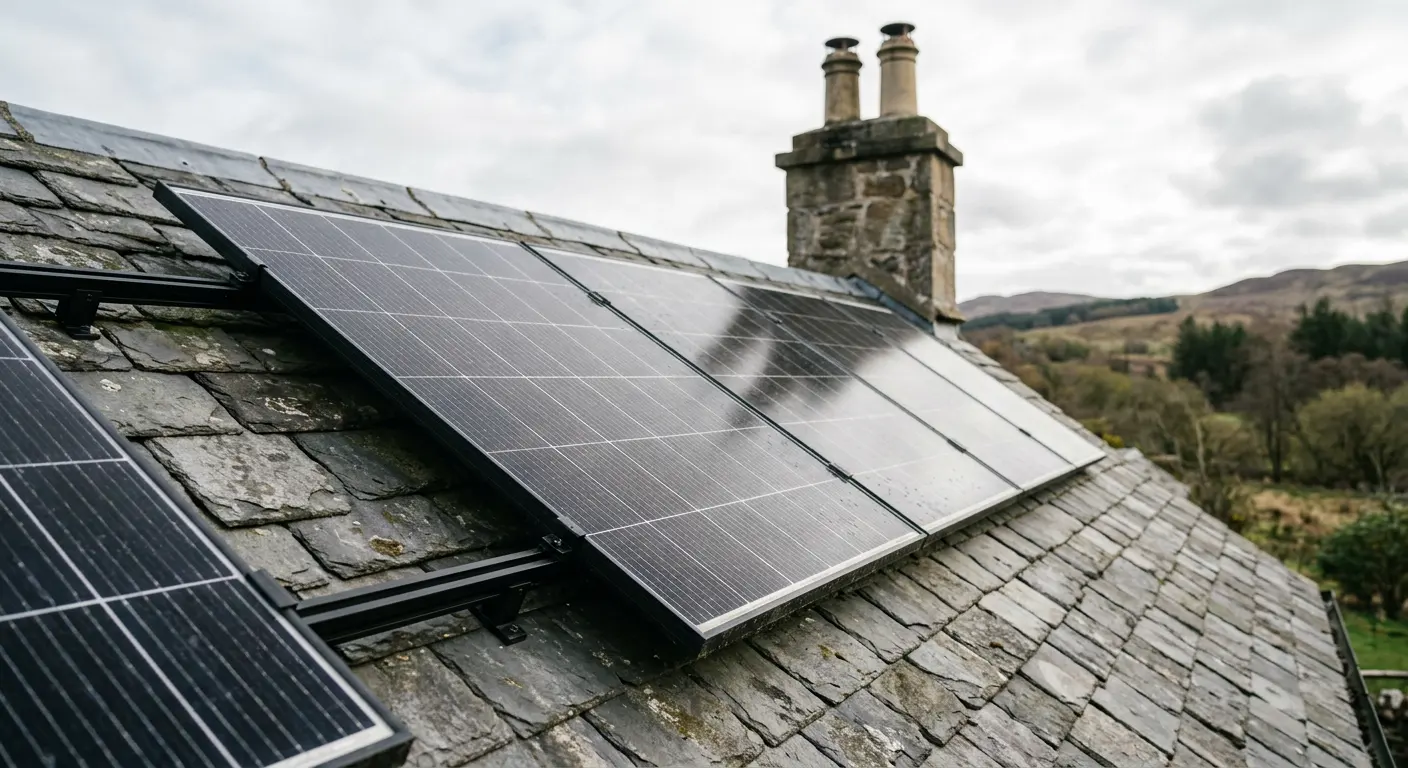 Black solar panels on a grey slate roof of a Scottish stone house